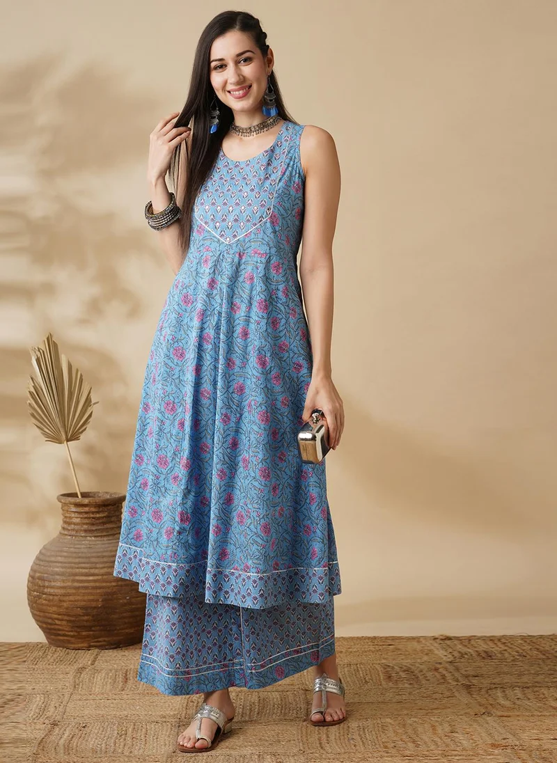 globus Globus Women Blue & Pink Floral Printed Panelled Pure Cotton A Line Kurta With Palazzos